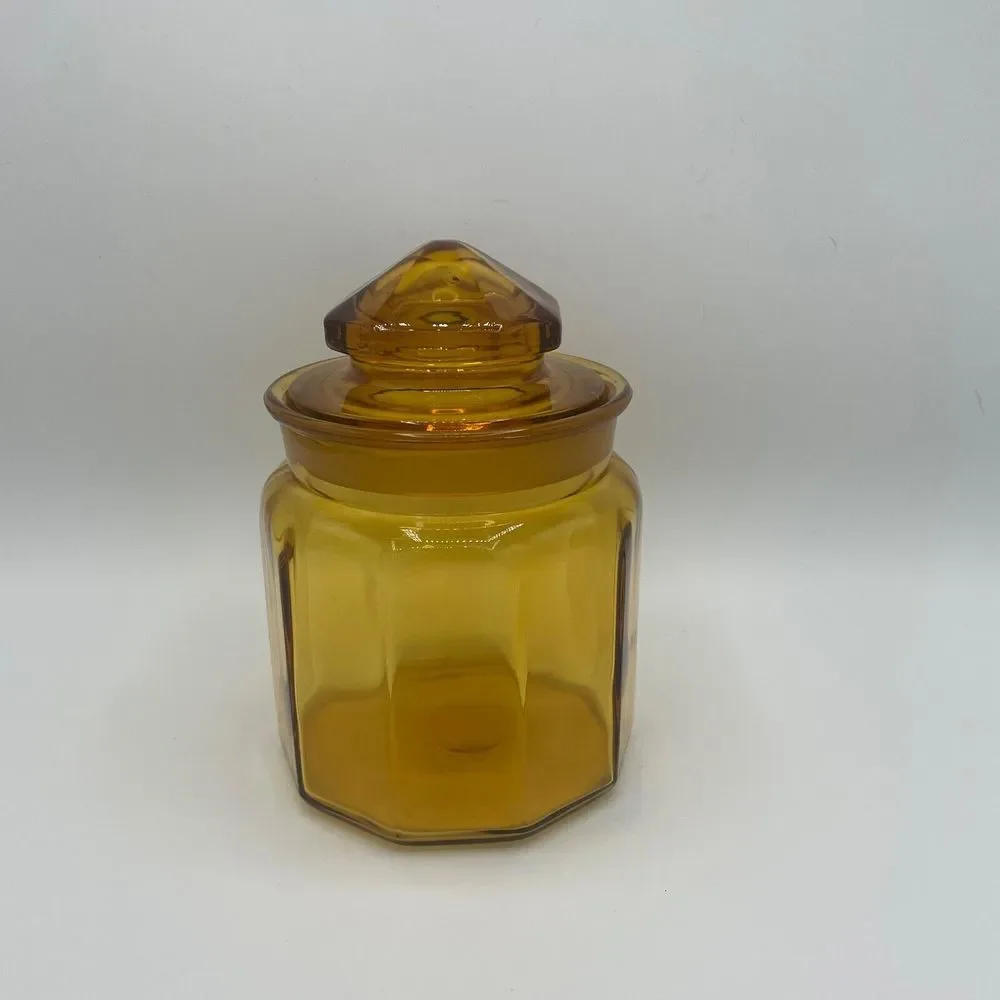 Vintage LE Smith 10‎ Panel Amber Glass Apothecary Canister Jar w/Lid 7